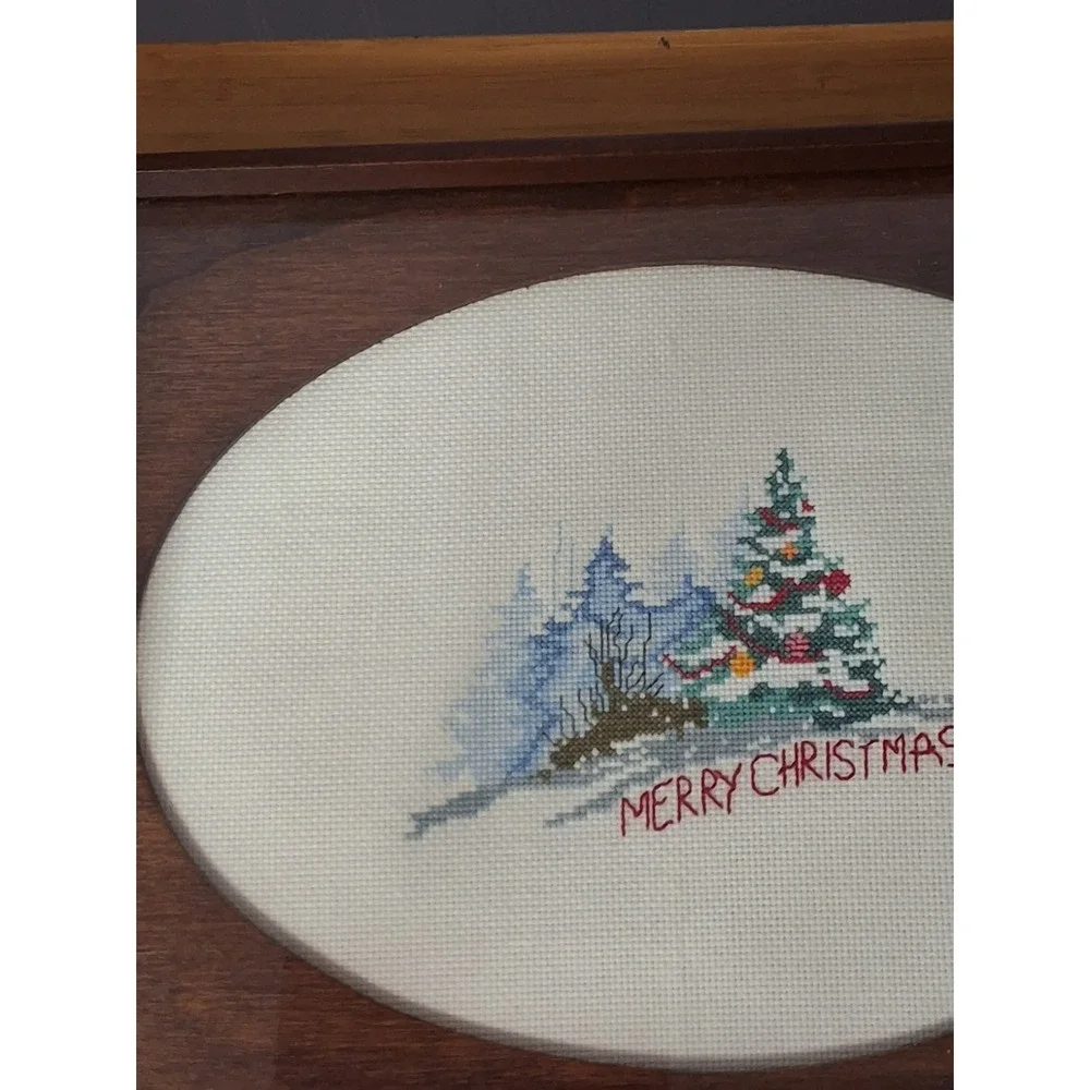 Vintage‎ Wooden Serving Tray Featuring Christmas Croos-Stitch Protected By Glass